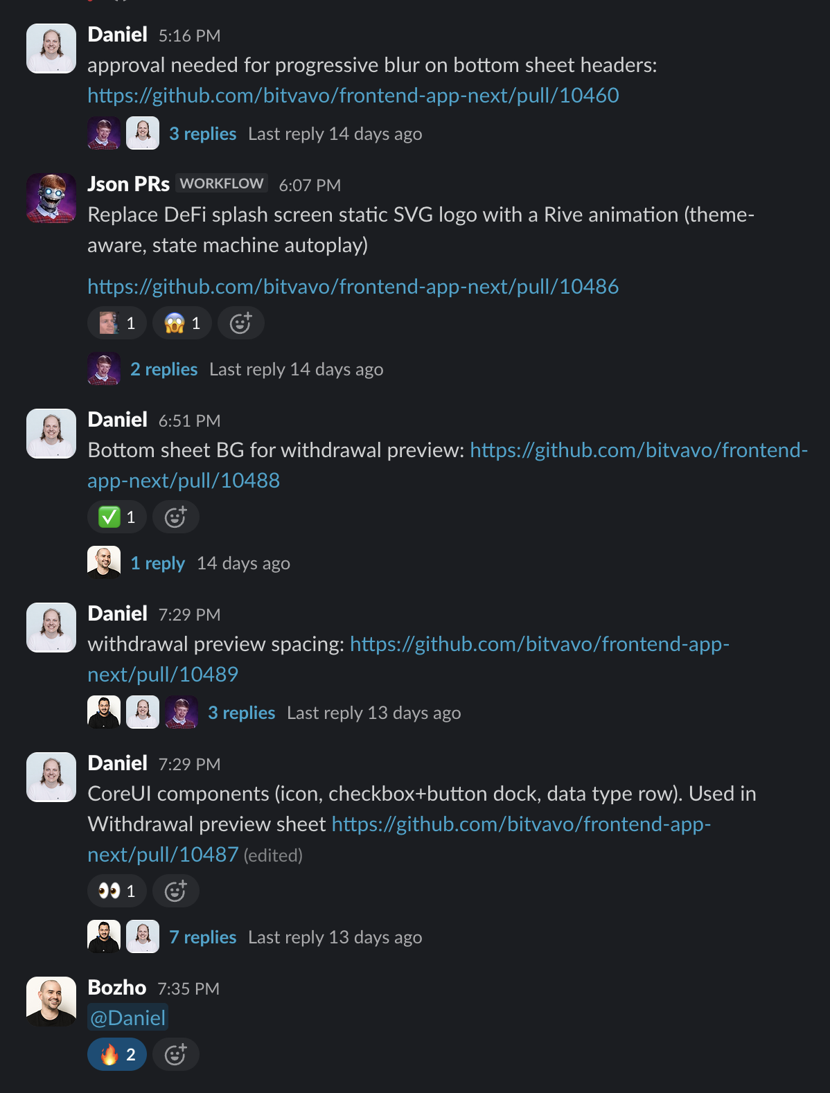 Slack thread: designer Daniel's merged DeFi UI pull requests