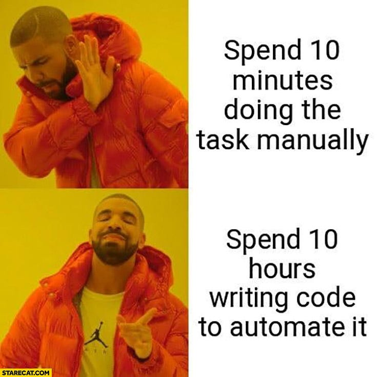 Drake meme: 10 minutes manually vs 10 hours automating